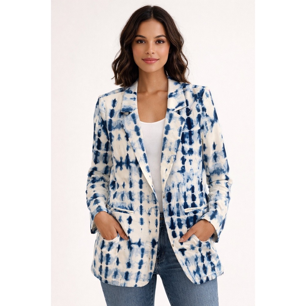 House of Harlow 1960 Blue White Tie Dye Blazer Jacket Womens Medium Single Butto